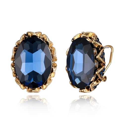 EVER FAITH Vintage Blue Oval Stud Earrings, Fashion Art Deco Large Statement Rhinestone Crystal Omega Back Earrings for Women