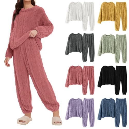 Dampyjamas lång vinter, överdimensionerad sovskjorta dam flanell tvådelad enfärgad plysch pyjamas rund hals nattkläder bekväm varm pyjamas stora storlekar loungewear fluffig hemmadräkt, svart, L