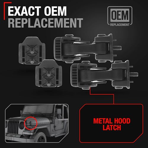 Hood Latch Replacement Set, Driver and Passenger Side - Compatible with 1997-2006 Jeep Wrangler (Full Door Type) - Hood Lock Catch Kit - OEM 55176428AC, 55176427AD, 68038118AA, 42422