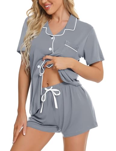 Image of SWOMOG Womens Button Down Pajamas Set Short Sleeve Sleepwear Bride Soft Pj Lounge Sets XS-3XL