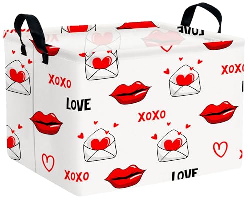 Image of Valentines Day Basket Large Foldable Heart Shaped Storage Box for Gifts Kids Empty Storage Bins Rectangular Toy Organizer Decor (Mouth Envelope Love)