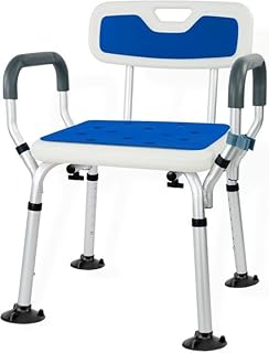 OUUTMEE Silla de ducha con reposabrazos y respaldo, taburete de ducha regulable en altura con 6 posiciones, color azul