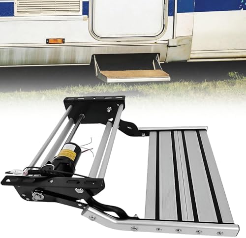 Automatic Folding RV Step with LED Light - 12V Electric Motor 80W, 200KG Capacity, Wide Aluminum Step for Safe Entry to RVs, Trailers & Truck Campers (Double Layer)