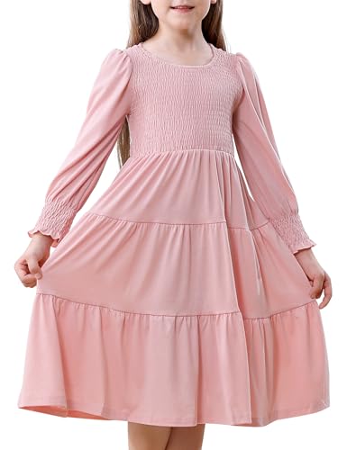 DREAM BUS Toddler Fall Casual Dress - Girl's Smocked Long Sleeve Midi Dress - Tiered A Line Party Flowy Dress