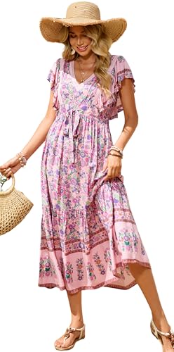 R.Vivimos Womens Summer 2025 Boho Floral Print V Neck Short Sleeve Drawstring Tie Casual Flowy Midi Dress