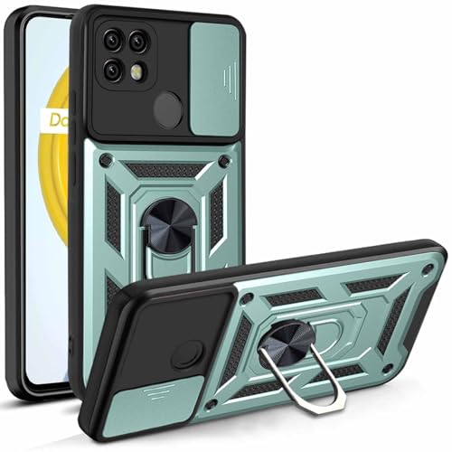 CRAVEN Funda para Realme C12 / 7i / Narzo30A, TPU Interior + PC Anti-Choque Carcasa con Soporte para Anillos y Cubierta Dslizante para Cámara - Verde