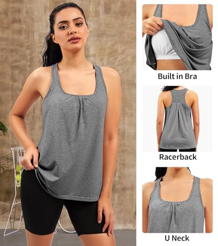 Women Racerback Built-in Bra Workout Tank Tops Round Neck Gym Shirts Grey - image 3
