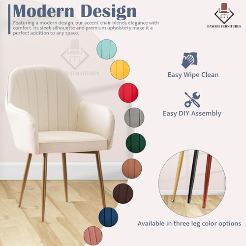 Image of Plush Dining Chair | Accent Chair for Living Room Bedroom Restuarant | Velvet Fabric & Thick Cushion Seat with Sturdy Glossy Metal Legs (Golden Legs, White)