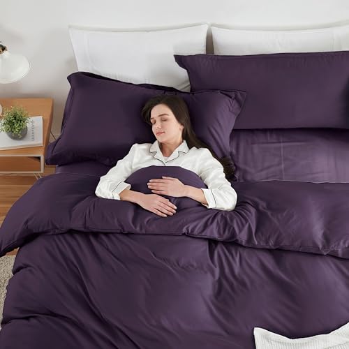 Image of Hearth & Harbor Purple Duvet Cover with Fitted Sheet Twin Size | 3 Piece Soft Double Brushed Bedding Set, Button Closure, 1 Duvet Cover 68x90 Inches, 1 Fitted Sheet, 1 Pillow Sham