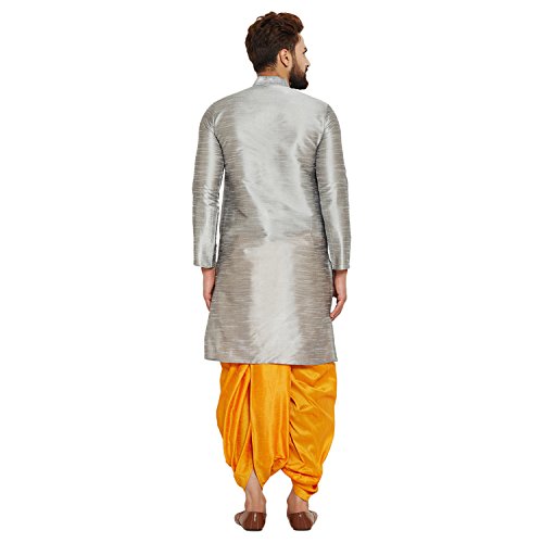 Image of SOJANYA (Since 1958 Men's Off-White and Gold Dupion Silk Dhoti Kurta Set