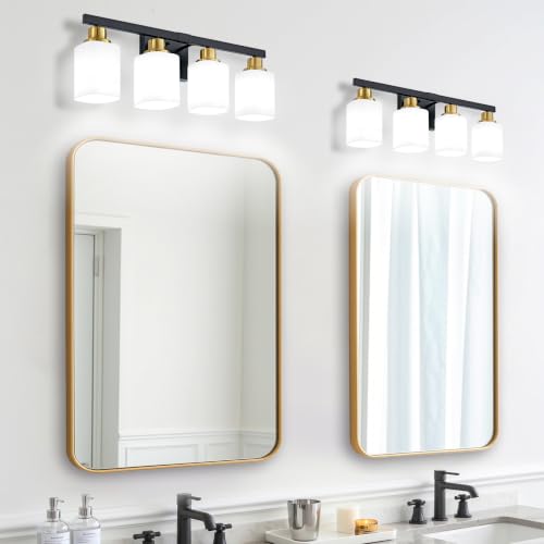 Image of 4-Light Vanity Light for Bathroom,Black and Gold Bathroom Light 24 inch | Bathroom Light Fixture with Square Frosted Glass, Wall Sconces fixtures Over Mirror Sink Restroom,Living Room Hallway
