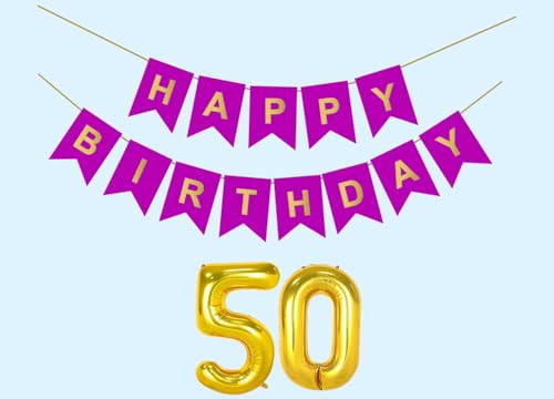 Image of 50th Happy Birthday Decoration Kit Purple for 50 year Old Boys Girls Men with Number Fifty Party Decorations Decor Celebration Items Item Set Combo Reusable Paper Banner