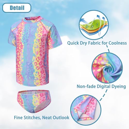 Image of Girls Two Piece Rash Guard Swimsuits Set Short Sleeve Bathing Suit for Kids Hawaiian Swimwear Set 3-16 Years