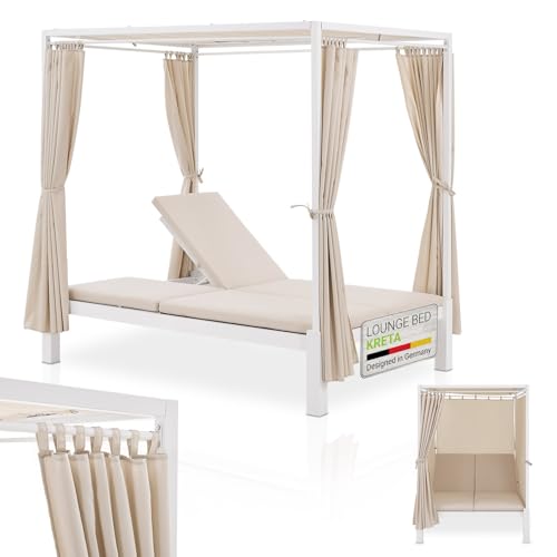 Juskys Kreta Lit de jardin double pour 2 personnes - Toit et dossier réglables - Chaise longue pour terrasse, jardin et balcon - Blanc