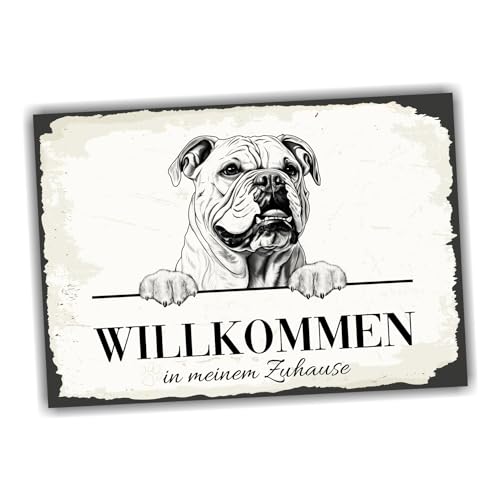 siviwonder Hundeschild Willkommen Zuhause Englische Bulldogge No.3 Dog Schild Spruch Türschild Warnschild Geschenkidee schöner Spruch Hundemotiv Aluminium...