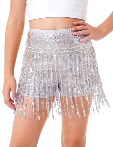Noomelfish Girls Fringe Sparkly Sequin Shorts Elastic Waist Tassel Cute Party Dance Outfits Sliver Size 9-10 Years