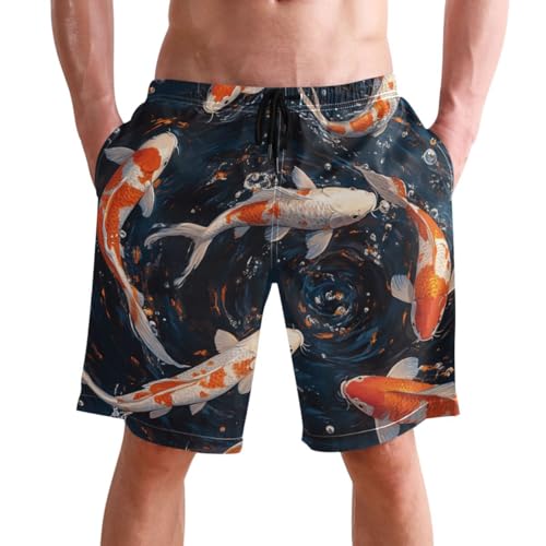 Men's Swim Trunks Quick Dry Swimming Shorts with Pocket Koi Fish Water Pattern Swimsuit Trunks