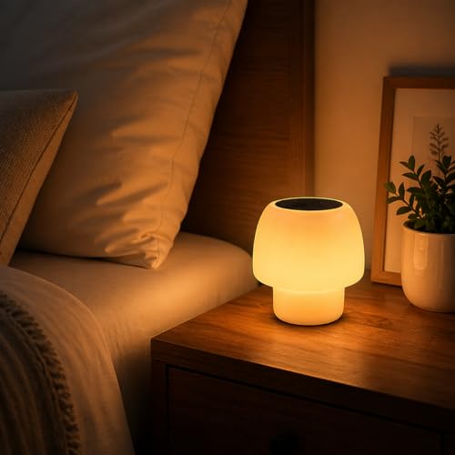 Image of NW Solar Mushroom Table Lamp with Type-C Charging, Auto RGB Color Changing (Red-Green-Blue), Warm White & White Modes, One Button Control, Rechargeable Bedside Night Light for Home, Bedroom & Outdoor