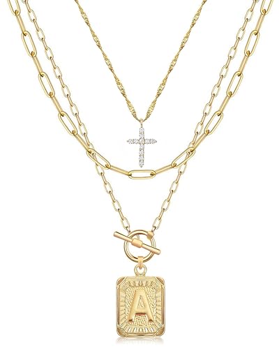 MJartoria Layered Initial Necklaces for Women Trendy, 14K Gold Plated Simple Cross Choker Square Letter Pendant Necklace, Paperclip Chain Necklace, Gold Necklaces Jewelry