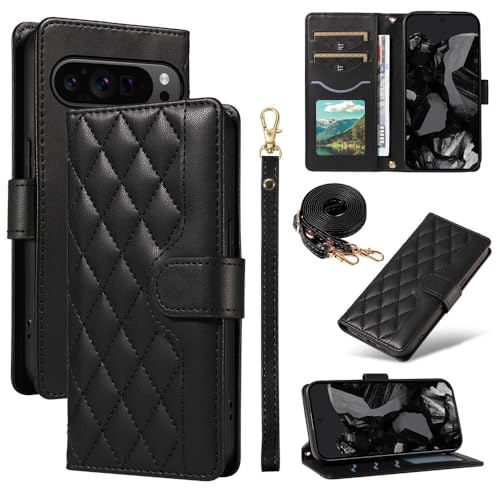 Étui portefeuille en cuir premium noir pour Google Pixel 7 avec sangle élégante