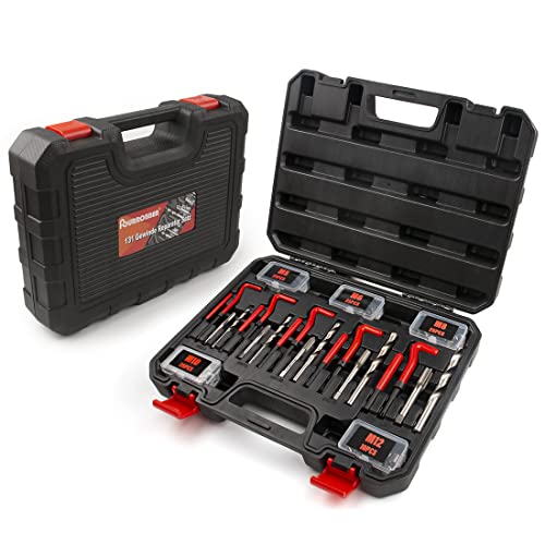 FOURROBBER 131 Pièces Kit de réparation de filetage,131 Pcs Kit Filet Insertion de Fil Foret Gaines Métrique Helicoil inserts M5, M6, M8, M10, M12 Outils de filetage, manchon fileté Cover