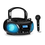AUNA Roadie Sing - CD Radio, Portable Karaoke, Stereo System, Boombox, CD Player, USB Port, MP3, FM Radio Tuner, Bluetooth 3.0, LED Lighting, Mains and Battery Operation, Sing-A-Long Function, Black