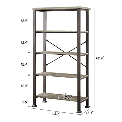 Hombazaar Bookshelf, 5-Tier Vintage Industrial Book Shelf, Rustic Wood And Metal Bookcase And Bookshelves, Free Standing Storage Large Bookshelf For Living Room, Bedroom And Kitchen, Grey Oak #TOP1