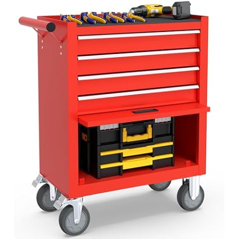4-Drawer Rolling Tool Chest Toolbox, Rolling Tool Box with Wheels, Tool Chest with Keyed Locking System and Drawer Liners, Tool Box Organizer for Garage, Warehouse, Workshop(Red) Cover