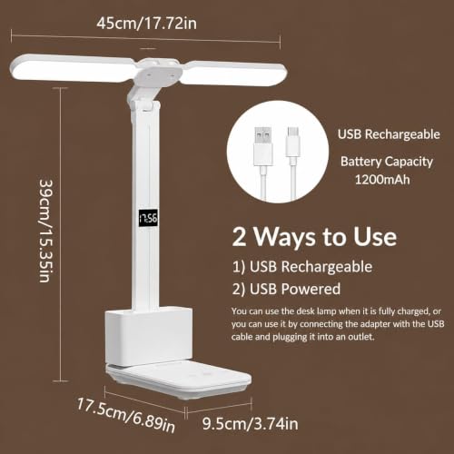 Image of DRAYA DEAL'S SmartTwin Pro Design Rechargeable LED Table Lamp Dual Arm Desk Light with Fan & Phone Holder Touch Control Dimmable Study Lamp 2400mAh Battery USB Powered (White)