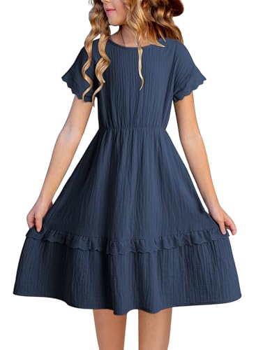blibean Girls Cotton Short Sleeve Dresses Lace Semi Formal Dress Size 6-15 Years