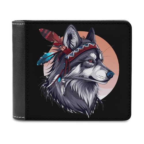 Native American Wolf Feather PU Leather Wallet Bifold Wallet Coin Purse Money Clip Card Holder for Women Men