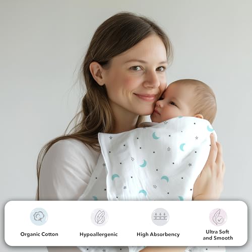 Image of The White Cradle Baby Nursery Swaddle Blanket Wrap 2pcs Pure Organic Cotton Double Layer Muslin Cloth - STERILISED for Your Child's Protection - Super Soft, Absorbent, Large 112x112 cm - Moon & Blue