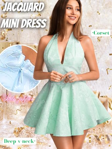 Image of ShawGobow Jacquard Corset Dress,Deep V Halter Mini Dresses with Bow Back,Sexy Birthday Outfits Women Homecoming Prom Formal