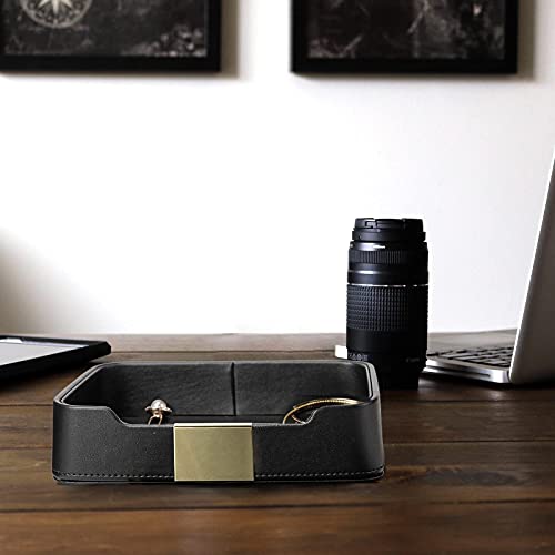 Image of SANZIE Luxury Leather Tray Organizer Valet Tray Key Tray for Entryway Table Desktop Storage Catchall Tray Decorative Tray for Jewelry Keys Wallet Phone Watch (Metal Gilded, Black)