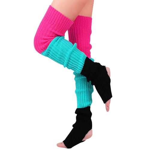 Littleforbig Thigh High Bright Color Blocked Novelty Knit Stacked Extra Long Over The Knee Knitted Stirrup Stockings - Red & Blue & Black
