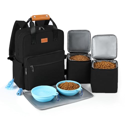 Dog Travel Bag, DELOMO Airline Approved Organizer Backpack with Multi-Function Pockets, 25L Accessories Set with 2 Food Storage Containers, 2 Foldable Bowls for Weekend