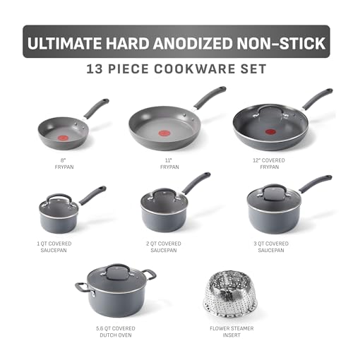 Image of T-Fal Ultimate Hard Anodized Nonstick 13 Piece Cookware Set, Oven Safe Up to 400F, Pots and Pans Set, Includes Frying Pans, Saucepan, Stockpot, Cooking Utensils, Stone