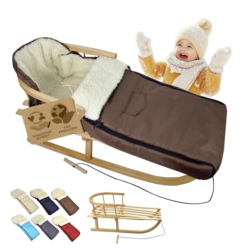 BambiniWelt Trineo de madera con respaldo y cuerda de tracción + saco de invierno de 108 cm – Lana de cordero impermeable – Conjunto combinado para cochecito y silla de paseo (marrón)
