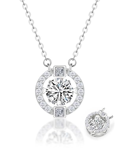 Esimorpym Twinkle Waltz 1ct Moissanite Necklace for Women, D Color VVS1 Halo Round Pendant Necklace, 14K White Gold Plated Copper Jewelry, Anniversary Birthday Valentine's Day Gifts for Wife girlfriend (Colorless)