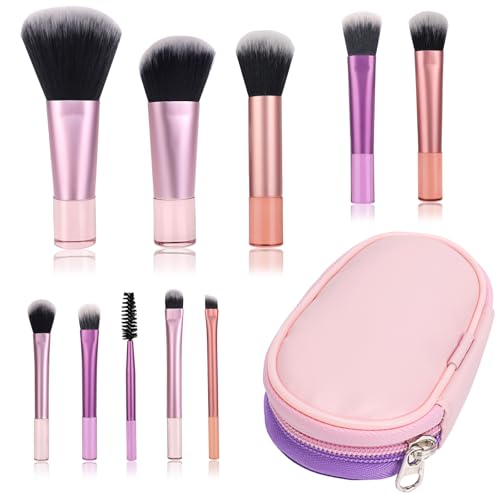 Mini Set di Pennelli per il Trucco, Set di Pennelli per il Trucco da 10 Pezzi da Viaggio con Borsa in Pu, Set di Pennelli per Cosmetici Portatile per Viaggi d'Affari, Vacanze, Campeggio (Rosa e Viola)