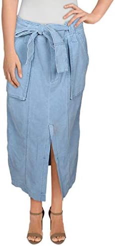 Free People Womens Catching Feelings Linen Blend Slit Midi Skirt Blue 10