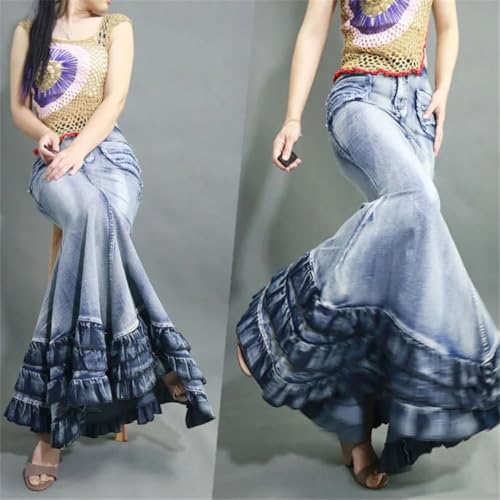 Women's Tail Mermaid Denim Skirt Long Maxi Ruffle Swing A-Line Jean Maxi Skirt with Pockets4