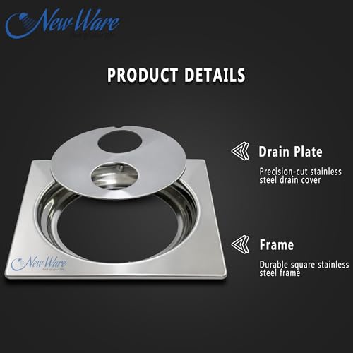 Image of NEW WARE 5x5 Inch Stainless Steel Bathroom Floor Drain Jali with Trap | Double Hole Water Drain Grating | Anti-Clog Rust Resistant Chrome Finish Drain Cover for Bathroom, Shower & Wash Area