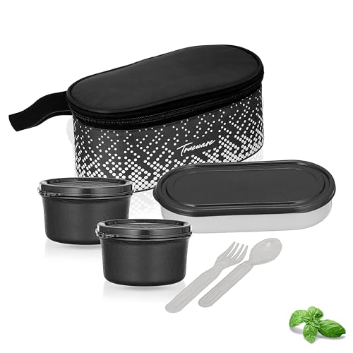 Image of Trueware Omaga Lunch Box with Insulated Fabric Jacket, 2 Microwave Safe & Leak Proof Inner Stainless Steel Containers 400ml Each & 1 Plastic Oval Chapati /Rice Container Tiffin for Office, College