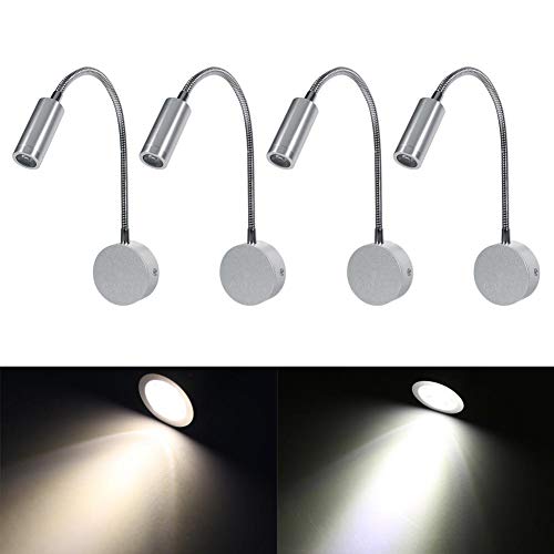 FTVOGUE Lampada da lettura a parete con luce flessibile a collo di cigno Lampada da letto a luce bianca calda/fredda AC85-265V 1W / 3W(warm white(3500k)-1W)