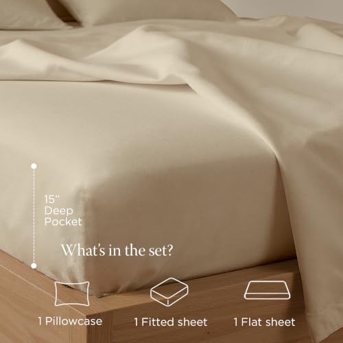 Image of Threadmill 300 Thread Count Cotton Twin Sheet Set, Sateen, Solid, Beige