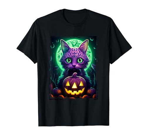 Disfraz de Halloween para gato, calabaza brillante, morado y verde claro Camiseta