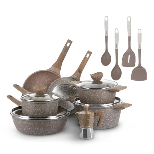 KASANOVA 15Pcs Pots and Pans set for cooking nonstick, Aluminum cookware set with glass lids, Coffee maker and nylon kitchen tools, Induction safe, PFOA-free (15)