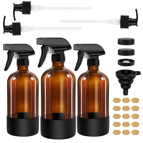 prota 3Pcs Amber Glass Spray Bottles 500ml Empty Glass Spray Bottles Refillable Container with Adjustable Nozzle Mist Water Spray Bottle for Cleaning Plants Essential Oils Hair Care