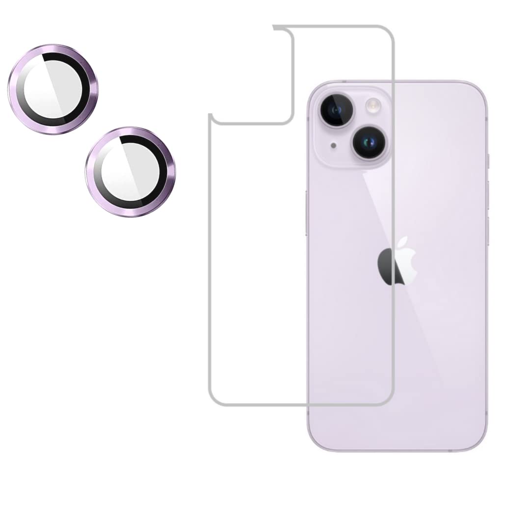 TECH KONNECT iPhone 14 Back Protective Film With Camera Lens Protector, iPhone 14 Back Guard Film Tempered, iPhone 14 Camera Ring Protector[Purple](2 Pack)